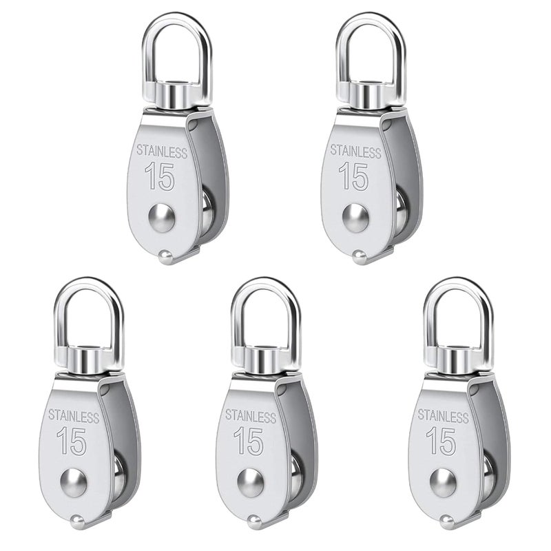 Twours Pulley 304 Stainless Steel Single Pulley Block M15 Small Heavy Duty Swivel Bearing Pulley System for Rigging, Lifting, Cargo Transportation,Gym Equipment (M15 5PCS) - Image 1